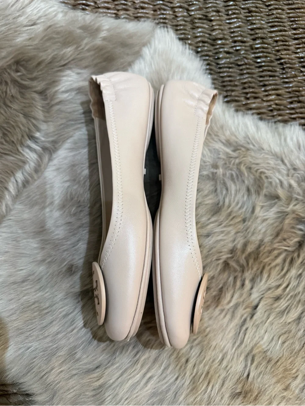 Tory Burch Blush Leather Logo Round-Toe Ballet Flats